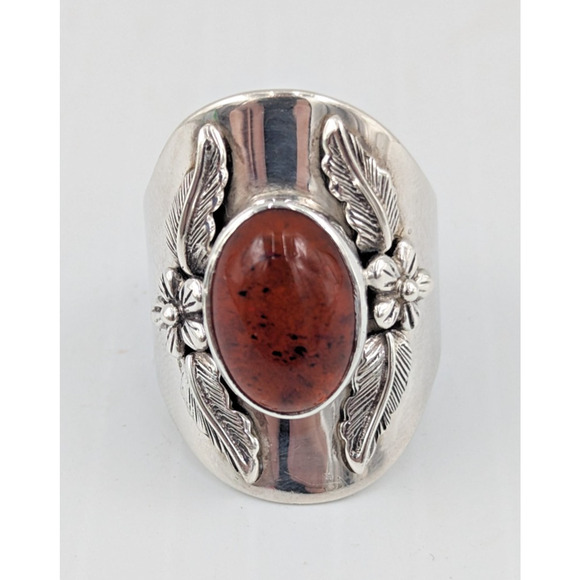 Vintage Carol Felley Sterling Silver Amber Wide Ring Sz 8 12g Southwest - Picture 1 of 12
